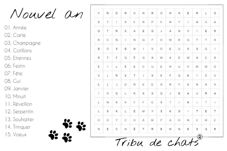 Mots mêlés chat, nouvel an, blog chat Tribu de chats